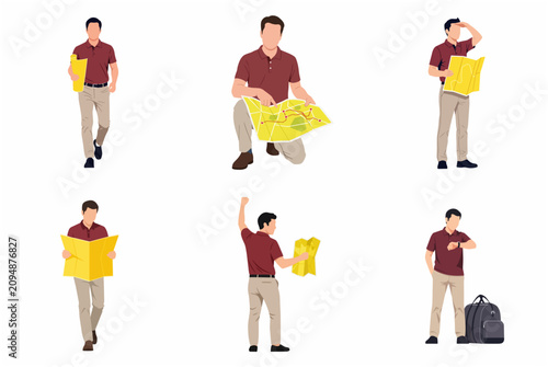 Flat vector illustration set of a male traveler navigating with a map in various poses, including walking and reading for adventure and tourism concept