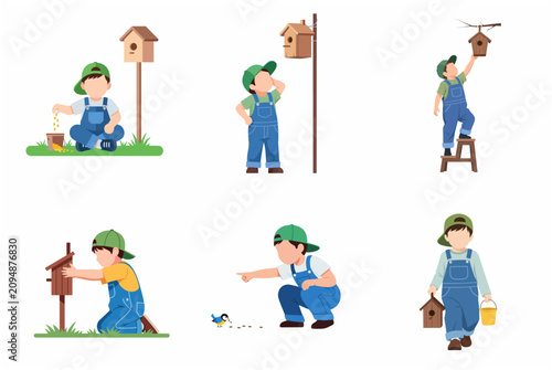 Cute little boy building and hanging birdhouses, feeding birds, and caring for nature vector illustration set
