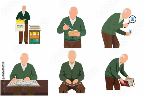 Elderly man enjoying philately hobby, collecting and organizing postage stamps in an album, examining with magnifying glass and tweezers, set of vector illustrations