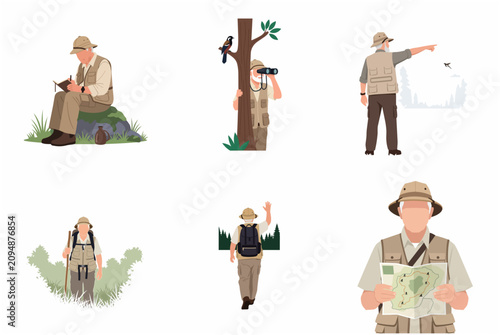 Elderly man explorer character set for hiking, birdwatching and nature observation