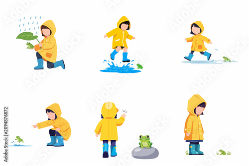 Set of flat vector illustrations of a little girl in a yellow raincoat and blue boots playing in the rain and puddles with a little frog.