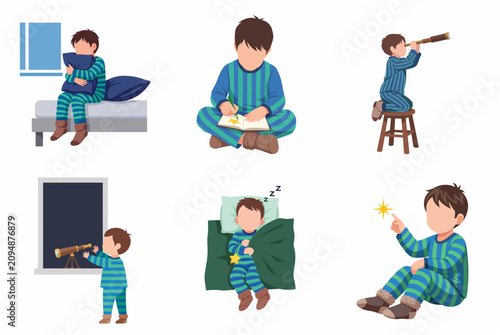 Little boy in pajamas bedtime routine and astronomy activities set illustration