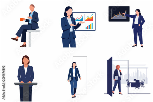 Businesswoman character set in various professional office poses, presentations, and meetings