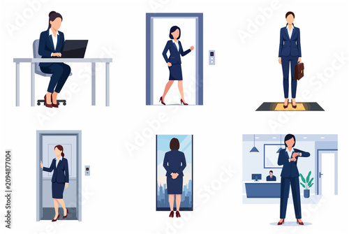 Set of professional businesswoman illustrations in various office activities including working on laptop, using elevator, and waiting in lobby.