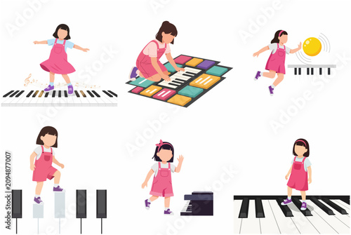 Flat Vector Illustration Set of a Little Girl Playing and Dancing on Giant Piano Keys, Kids Music Education and Early Learning Concept