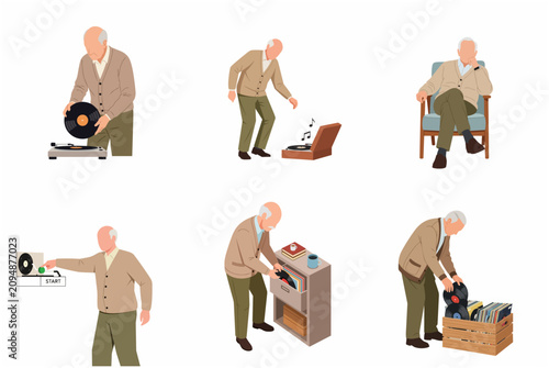 Elderly Man Listening to Vinyl Records and Managing Music Collection Illustration Set