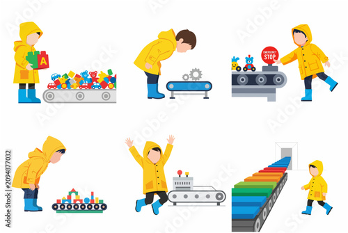 Set of flat vector illustrations of a child in a yellow raincoat playing with toy factory conveyor belts and machinery