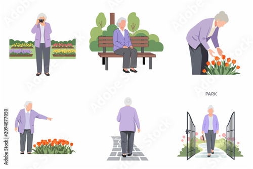 Active Senior Woman Illustration Set Enjoying Outdoor Activities in the Park and Garden