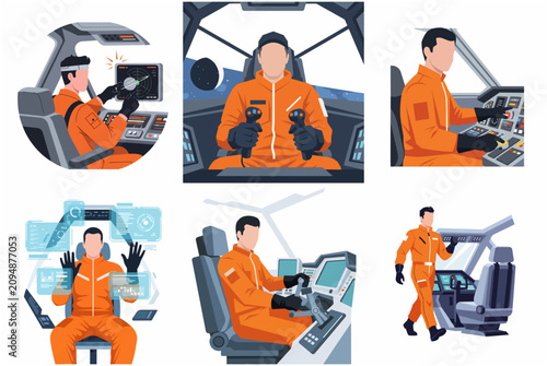 Set of Astronaut Pilot Illustrations Operating Futuristic Spaceship Cockpit and Control Interfaces