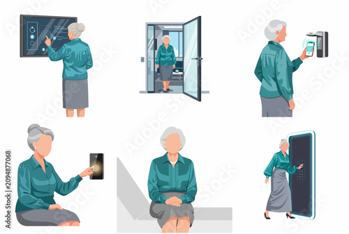 Senior woman interacting with smart home technology and digital devices illustration set