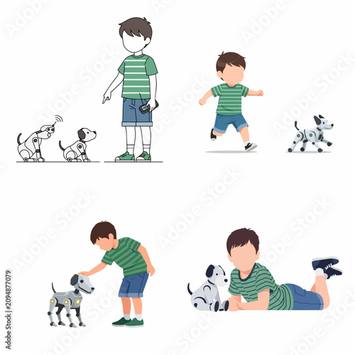 Set of flat vector illustrations of a young boy playing and interacting with a robotic dog pet