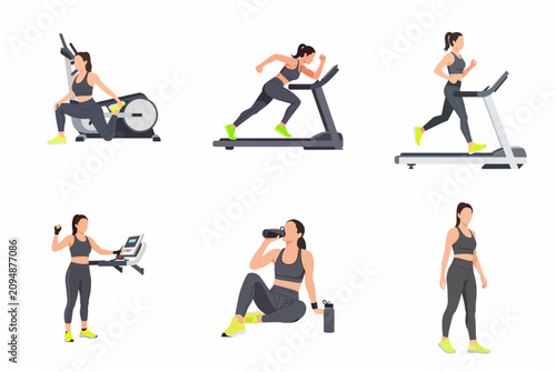 Flat vector illustration of a woman exercising in the gym, running on a treadmill, stretching, and drinking water