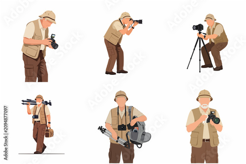 Professional senior photographer in safari outfit with camera and tripod illustration set