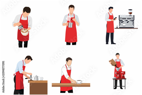 Professional Barista Illustrations Set in Flat Style Showing Coffee Making Process and Service