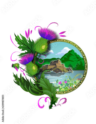 Scottish thistle with Highland castle landscape, Celtic heritage vector illustration of Scotland
