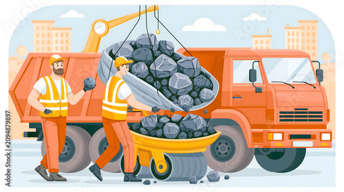 Two workers loading rocks into a truck with a wheelbarrow at a construction site in an urban area during the day
