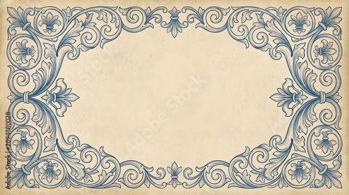 Blue ornamental vintage frame with fleur de lis scrollwork on aged paper background design.