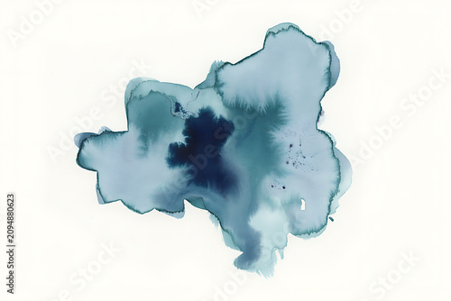 Single organic watercolor ink blot in shades of deep indigo and teal blue isolated on a plain white paper background surface