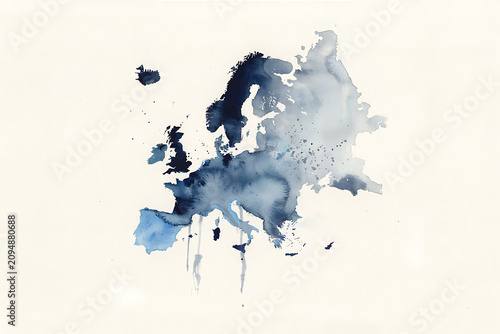 Artistic watercolor map of europe painted in shades of indigo and blue with splatters and drips on a textured white paper background
