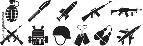 Fotografía Military equipment icon set featuring weapons gear and defense tools like grenade knife rocket rifle helmet and airplane as simple vector graphics for tactical games and projects