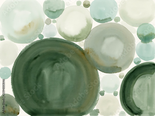 Abstract watercolor painting with various sizes of green and sage circles overlapping on a light cream background texture