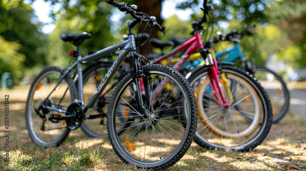 Fototapeta premium Bicycles parked near park path with dappled shadows and grass foreground