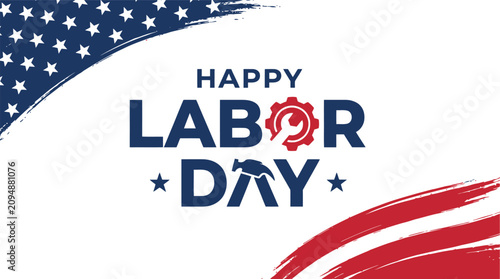 Foto Happy labor day greeting card design with american flag colors and industrial ge
