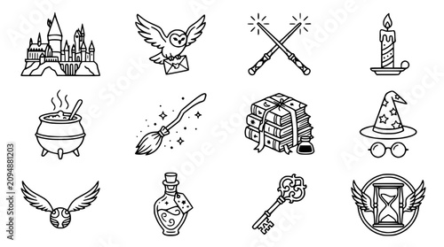Quadro su tela Magical Fantasy Icons: Castle, Owl, Wands, Potion, Broomstick, Books, Hat, Key,