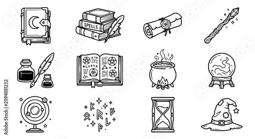 фотографія Fantasy Magic Symbols and Objects Collection: Spellbook, Wand, Crystal Ball, Cau