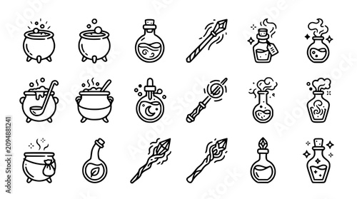 Canvastavla Magical potion bottles, cauldrons and wands icons set