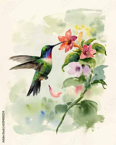 A vibrant watercolor painting of a hummingbird with iridescent green feathers hovering near a cluster of bright orange and pink flowers