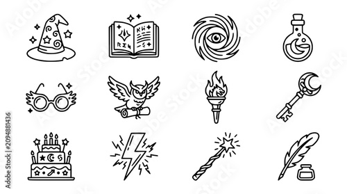 Canvastavla Magic and Wizardry Icons: Hat, Book, Owl, Potion, Glasses, Torch, Key, Cake, Lig