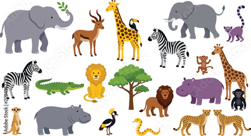 Canvas Print Cute African Safari Animals Cartoon Vector Set with Lion Elephant and Giraffe fo