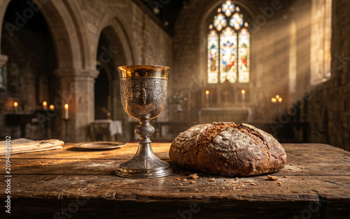 Holy Communion Bread and Chalice on Church Altar