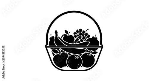 Obraz na plátně Black and white icon of a fruit basket containing apples bananas grapes and pear
