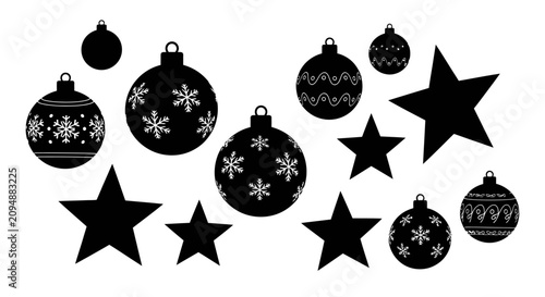 Black christmas ornaments and stars on white background with white designs plain collection black decorations snowflakes resources elements with holiday