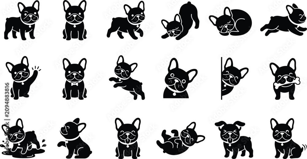 Fototapeta premium Cute French Bulldog Silhouette Icon Set with Playing, Sleeping, and Sitting Puppy Poses for Logo and Tattoo Designs