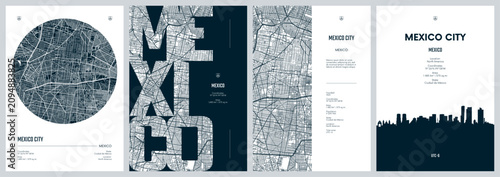 Set of travel posters with Mexico City is the capital and most populous city of Mexico, detailed urban street plan city map, Silhouette city skyline, vector artwork