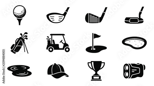 Photos Large Black Golf Sport Glyph Vector Icon Set Featuring Cart Ball Club Tee Flag T