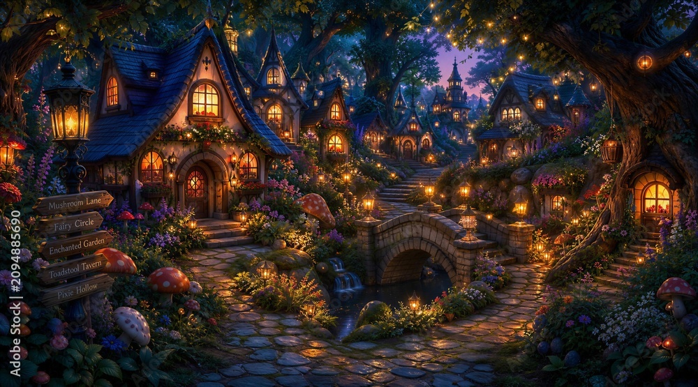Fototapeta premium Enchanted Fairy Tale Village with Cottages, Bridge and Glowing Lanterns at Night