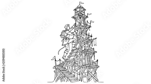Fotografie Adventurer climbing a rustic wooden tower, challenging ascent, reaching for the