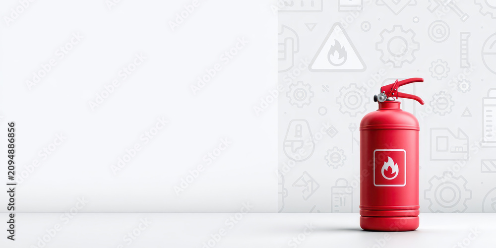 Obraz premium Minimalist Red Fire Extinguisher on White Surface with Safety Icons, Ideal for Industrial Safety Designs