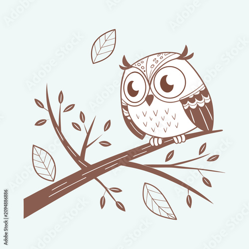 Cute owl perched on tree branch with leaves for woodland nature and bird lover characters.