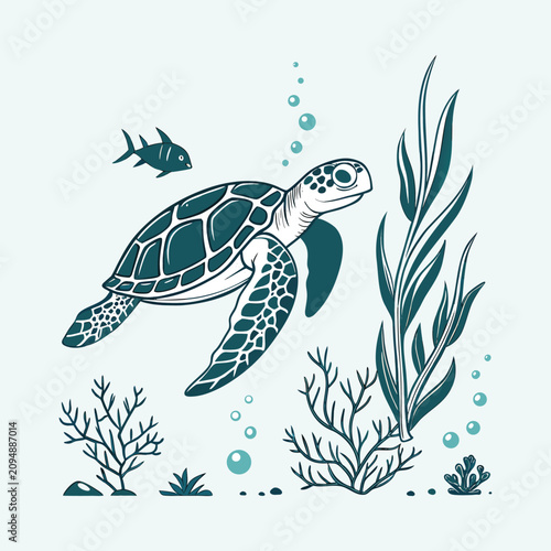 Sea turtle swimming underwater among coral reefs and seaweed in hand drawn etching style.