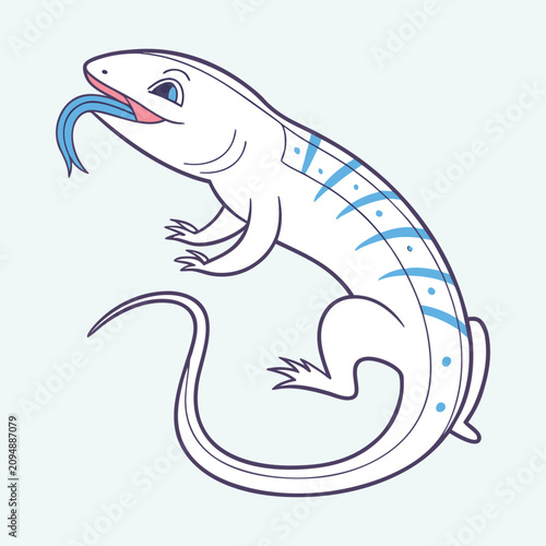 White lizard showing blue tongue in side profile view with decorative stripes on its back.