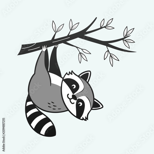 Cute cartoon raccoon hanging on tree branch simple flat vector illustration woodland animal.