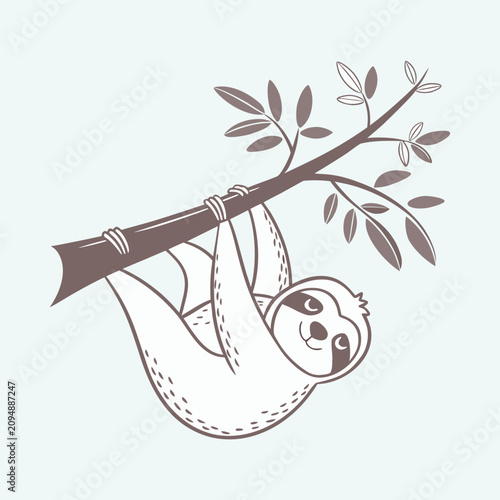 Sloth hanging on tree branch with leaves cute lazy animal cartoon vector illustration.