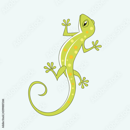 Green gecko lizard climbing upwards with curly tail and yellow spots in flat vector style.