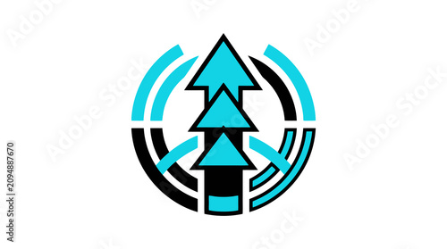 Creative Modern Abstract Upward Growth Arrow Icon with Dynamic Circular Design in Black and Teal
