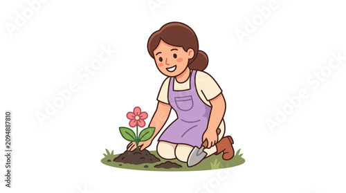 Dynamic of a Happy Child Gardener Planting a Flower in Soil with a Shovel with high quality professional line art symbols for modern creative design and digital branding projects